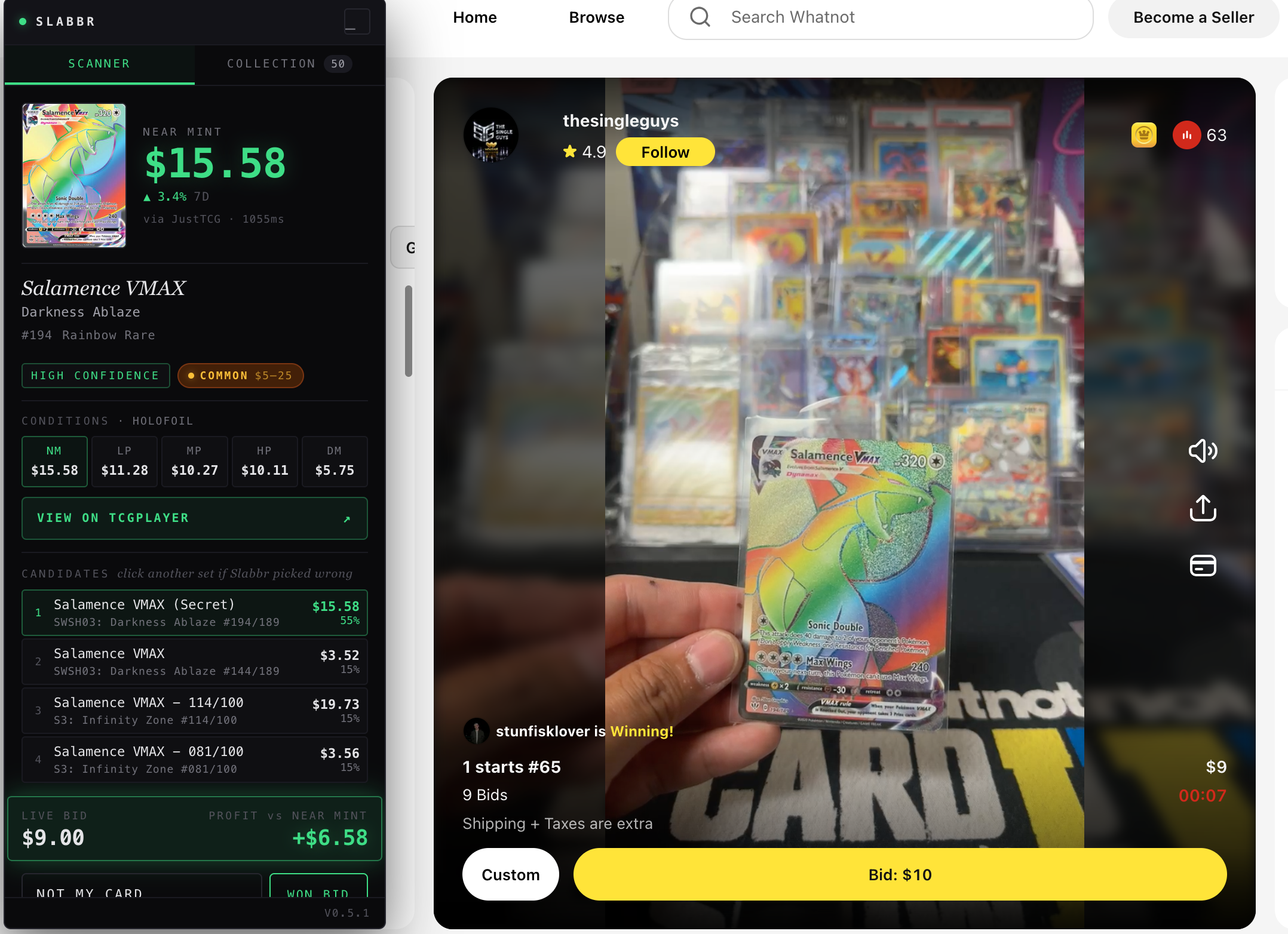 Slabbr scanning a Salamence VMAX rainbow rare on a Whatnot live stream, showing live market price and profit signal
